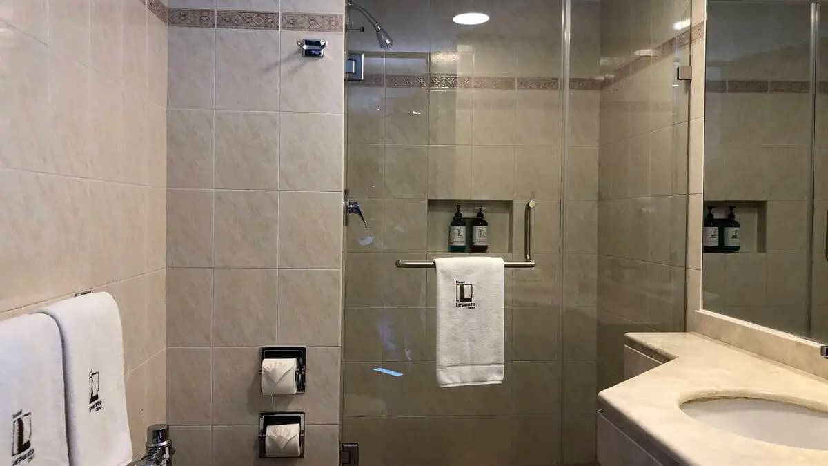 Baño de la habitación sencilla deluxe con ducha y accesorios